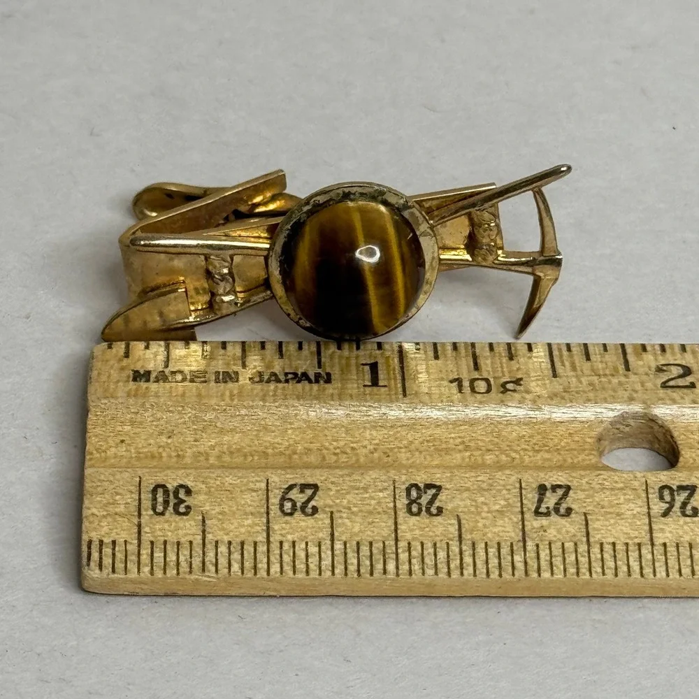 Vintage Gold-Tone Pickaxe and Shovel Tie Clip Tigers Eye Stone Cabochon